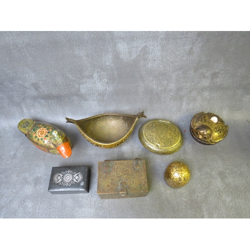 1120 - SEVEN VARIOUS VINTAGE DECORATIVE ISLAMIC ITEMS, to include metalware and papier mache items