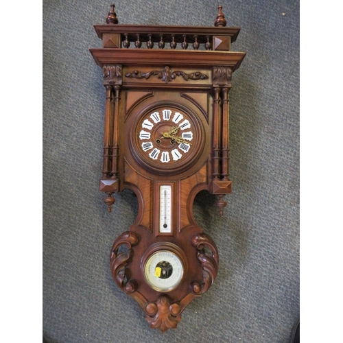 1143 - A LATE 19TH CENTURY FRENCH WALL CLOCK WITH BAROMETER AND SPIRIT THERMOMETER, in an elaborately carve... 