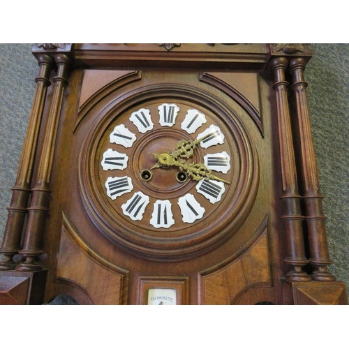 1143 - A LATE 19TH CENTURY FRENCH WALL CLOCK WITH BAROMETER AND SPIRIT THERMOMETER, in an elaborately carve... 