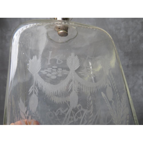 931 - A 19TH CENTURY ETCHED GLASS RECTANGULAR SPIRIT FLASK, dated 1851, H 28.5 cm, together with three fur... 