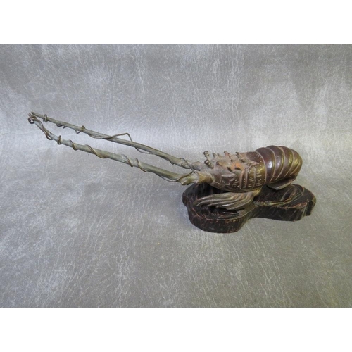 1032 - A JAPANESE STYLE BRONZE SPINY LOBSTER, raised on hardwood plinth, H 9 cm, L 20.5 cm