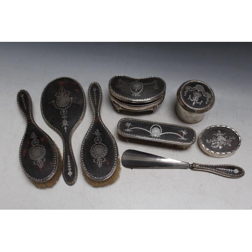 809 - A MATCHED SET OF HALLMARKED SILVER PIQUE WORK DRESSING TABLE PIECES, various dates and makers, damag... 