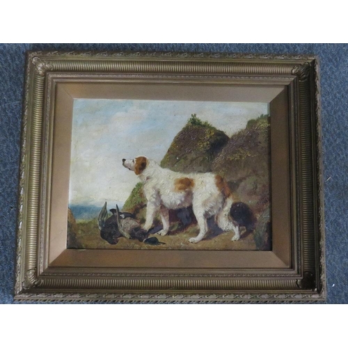 475 - CHARLES EDWARD BRITTAN (1837-1888). Dog and game by a rocky outcrop, signed and dated 1962 middle ri... 