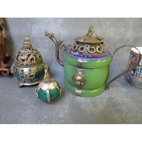 1025 - A BOX CONTAINING FIVE LATE 19TH / EARLY 20TH CENTURY CHINESE ITEMS, to include a dragon teapot, boxw... 