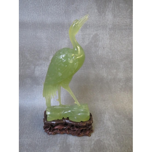 1026 - A CHINESE JADE STORK ON WOODEN BASE, H 16.5 cm, include base H 20 cm