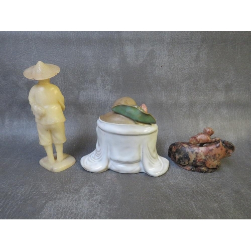 1027 - A VINTAGE CHINESE HARDSTONE FIGURE CARRYING A BASKET, together with a seated Buddha and a soapstone ... 