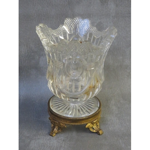 938 - A LATE 19TH / EARLY 20TH CENTURY CUT GLASS VASE, ON AN ORMALU STAND, vase H 16 cm, overall H 20 cm