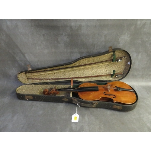 1107 - A 19TH CENTURY CASED VIOLIN WITH TWO BOWS, violin L 60 cm