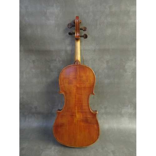 1107 - A 19TH CENTURY CASED VIOLIN WITH TWO BOWS, violin L 60 cm