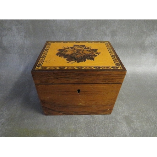 1083 - A VINTAGE TUNBRIDGEWARE TEA CADDY, H 11 cm, W 10.5 cm, L 13.5 cm