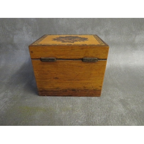 1083 - A VINTAGE TUNBRIDGEWARE TEA CADDY, H 11 cm, W 10.5 cm, L 13.5 cm