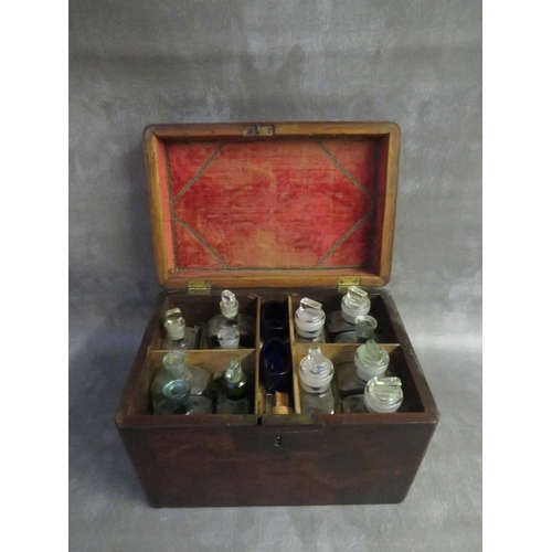 1084 - A GEORGIAN MAHOGANY APOTHECARY BOX, containing various bottles etc., H 21 cm, W 19 cm, L 30 cm