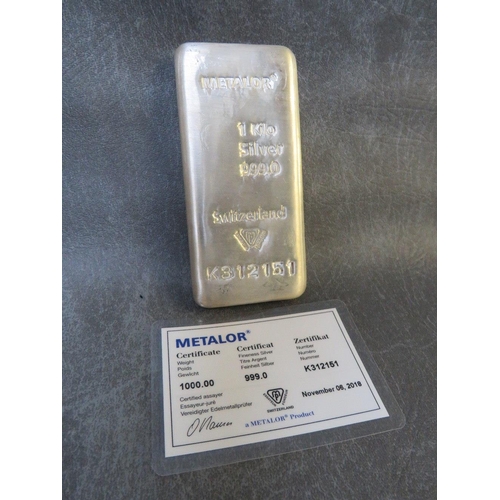 793 - A METALOR OF SWITZERLAND 1KG 999.0 BAR WITH CERTIFICATE, No. K312151