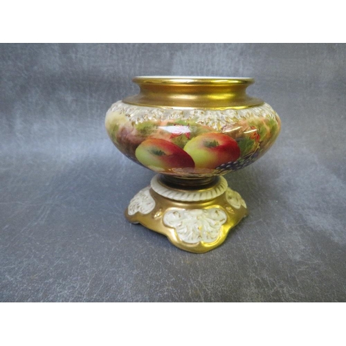 1023 - A ROYAL WORCESTER PAINTED FRUIT PEDESTAL URN SIGNED H AYRTON, gilded decoration throughout, puce fac... 