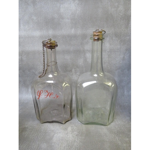 928 - A PAIR OF 18TH CENTURY ENGRAVED ROUNDED SQUARE DECANTERS, one with additional painted initials, with... 