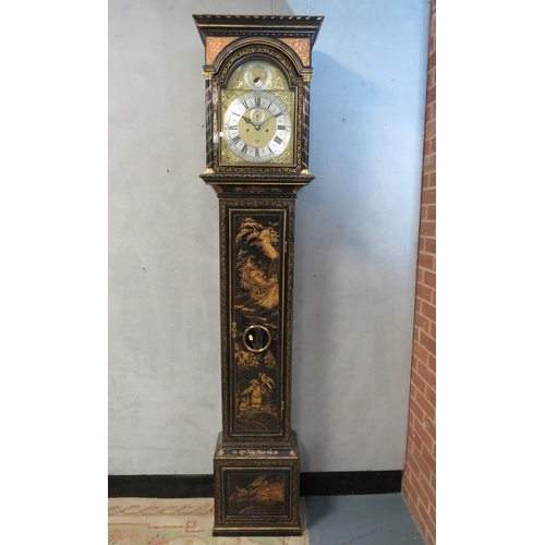 1128 - A 19TH CENTURY CHIOISERIE LONG CASE CLOCK BY WILLIAM WRIGHT LONDON, the 8 day movement striking on a... 