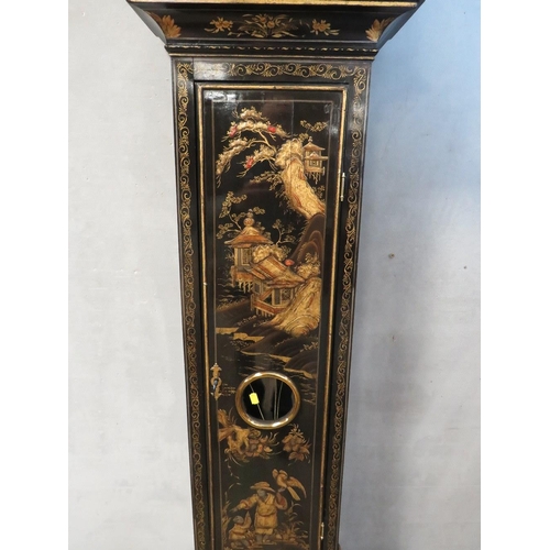 1128 - A 19TH CENTURY CHIOISERIE LONG CASE CLOCK BY WILLIAM WRIGHT LONDON, the 8 day movement striking on a... 