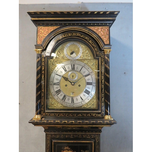 1128 - A 19TH CENTURY CHIOISERIE LONG CASE CLOCK BY WILLIAM WRIGHT LONDON, the 8 day movement striking on a... 