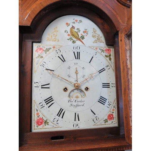 1129 - A 19TH CENTURY EIGHT DAY LONGCASE CLOCK BY THOMAS CORKER, STAFFORD, the arch top dial with painted r... 