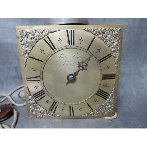 1131 - AN OAK CASED 30 HOUR LONG CASE CLOCK BY THOMAS BROWN OF LITCHBOROUGH, having a birdcage movement, ho... 