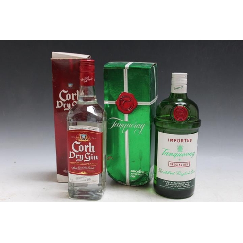 924 - 1 BOTTLE OF CORK DRY GIN, in original box, together with 1 litre bottle of Tanqueray  imported gin -... 