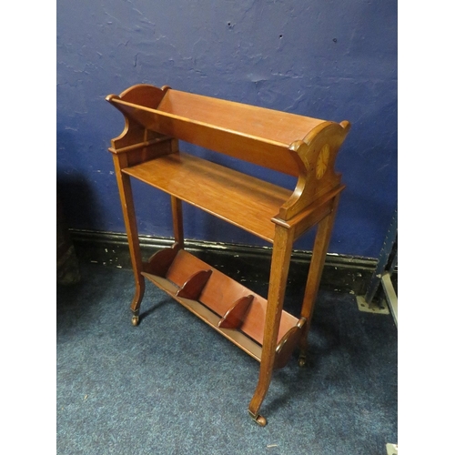 1155 - AN EDWARDIAN MAHOGANY BOOK TROUGH, having inlaid satinwood detail to each end, H 76 cm, W 55 cm