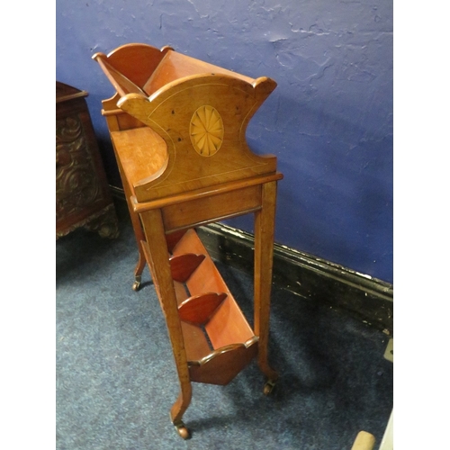 1155 - AN EDWARDIAN MAHOGANY BOOK TROUGH, having inlaid satinwood detail to each end, H 76 cm, W 55 cm