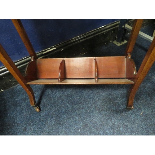 1155 - AN EDWARDIAN MAHOGANY BOOK TROUGH, having inlaid satinwood detail to each end, H 76 cm, W 55 cm