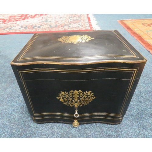 1160 - A 19TH CENTURY EBONISED AND BRASS INLAID DOMED DRINKS CABINET, the hinged lid opening to reveal and ... 