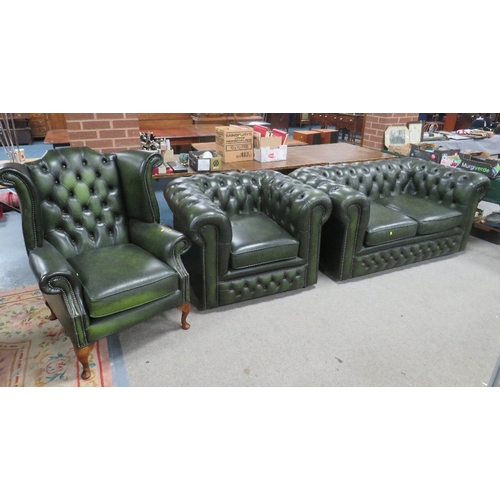 1161 - A GREEN LEATHER CHESTERFIELD SETTEE WITH CLUB CHAIR AND WINGBACK ARMCHAIR