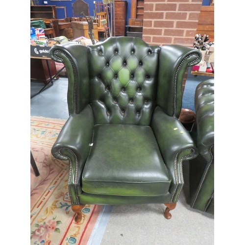 1161 - A GREEN LEATHER CHESTERFIELD SETTEE WITH CLUB CHAIR AND WINGBACK ARMCHAIR