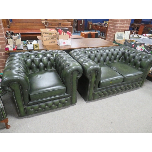 1161 - A GREEN LEATHER CHESTERFIELD SETTEE WITH CLUB CHAIR AND WINGBACK ARMCHAIR