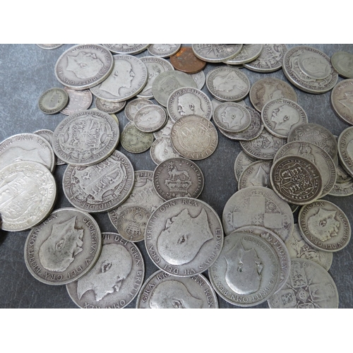 754 - A BAG OF ASSORTED SILVER COINS, much of pre 1920 date, to include shilling 1758, 1816, 1817, 1819, s... 