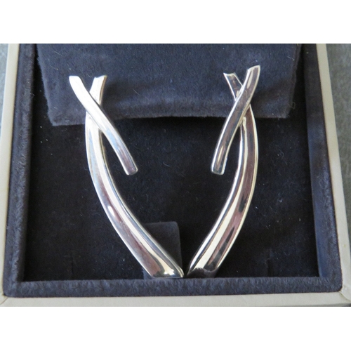 600 - GEORG JENSEN - A PAIR OF HALLMARKED SILVER CONTEMPORARY STYLE EARRINGS, with makers mark, overall dr... 