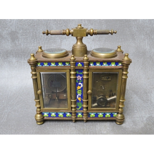 1135 - A BRASS AND CLOISONNE CLOCK / BAROMETER DESK COMPENDIUM, the 1.75