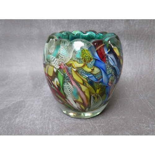 941 - MURANO - A MID 20TH CENTURY TUTTI FRUTTI GLASS VASE, cased in clear crystal over green, internally d... 