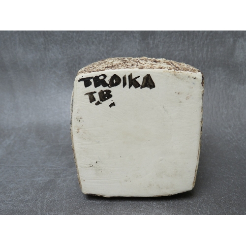 956 - A SMALL TROIKA SQUARED VASE, with incised and coloured detail, initialled 'TB', H 9 cm