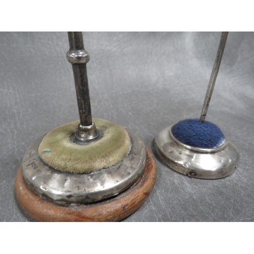 585 - TWO HALLMARKED SILVER HAT PIN STANDS, one with rubbed / indistinct marks (2)