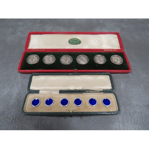 589 - A CASED SET OF SIX HALLMARKED SILVER AND ENAMEL BUTTONS - CHESTER 1912, together with a cased set of... 