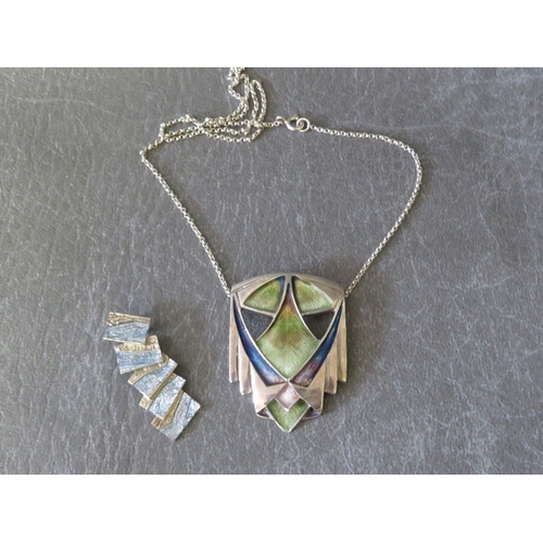 620 - PAT CHENEY - SILVER AND ENAMEL ART NOUVEAU STYLE SILVER PENDANT NECKLACE, together wtih a SHEILA FLE... 