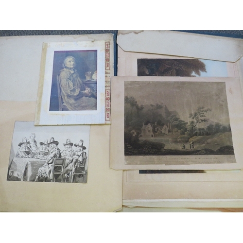 418 - A FOLDER OF MAINLY LATE 19TH / EARLY 20TH CENTURY PRINTS, WATERCOLOURS AND A WOODCUT, various artist... 