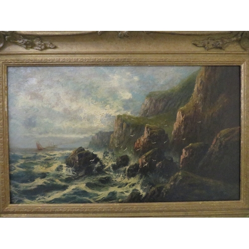 499 - FRANK HIDER (1861-1933). Stormy rocky coastal scene with sailing vessels, signed lower right, oil on... 