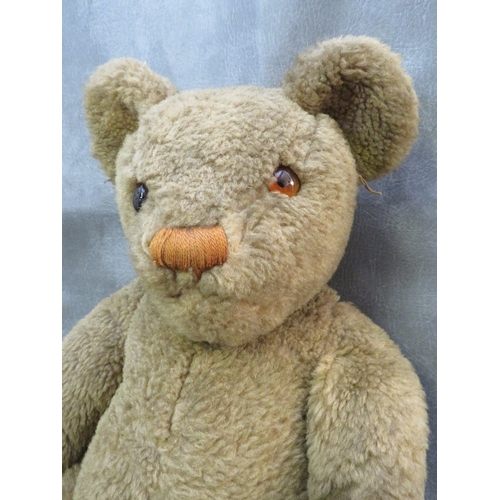 568 - AN EARLY / MID 20TH CENTURY TEDDY BEAR, glass eyes, stitched nose and mouth, velvet paw pads, fully ... 