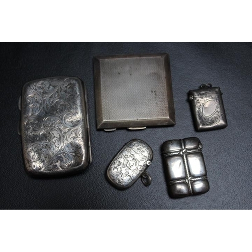 817 - THREE HALLMARKED SILVER VESTA CASES, together with two hallmarked silver cigarette cases, various da... 