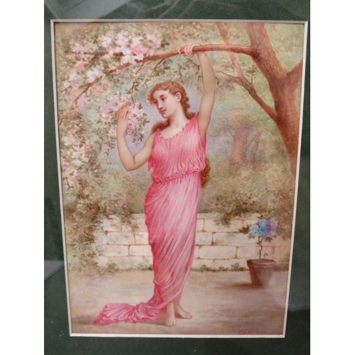 955 - A RECTANGULAR PORCELAIN PANEL DEPICTING A YOUNG MAIDEN IN A PINK DRESS, signed 'C.H. Wright' lower r... 