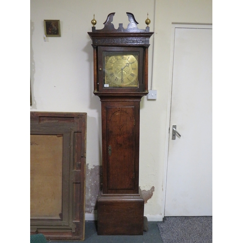 1146 - JOHN ADAMS - CAKEMORE - AN EARLY OAK CASED BRASS FACED CLOCK, with 30 hour movement, single weight, ... 