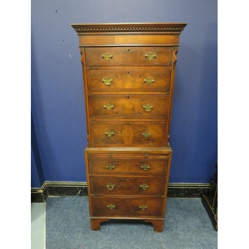 1162 - A SMALL 20TH CENTURY  WALNUT CROSSBANDED CHEST ON CHEST OF SMALL PROPORTIONS, with brushing slide, H... 