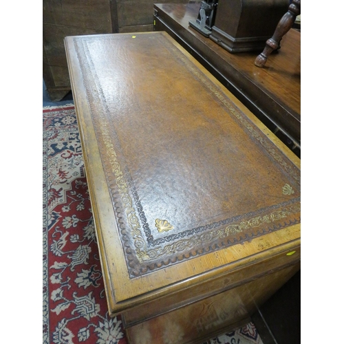 1163 - AN EDWARDIAN AESTHETIC PERIOD TWIN PEDESTAL DESK, with inset tooled leather writing surface, having ... 