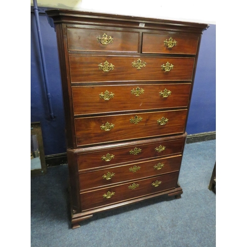 1165 - A 19TH CENTURY MAHOGANY CHEST ON CHEST, the upper section with an arrangement of two short above thr... 