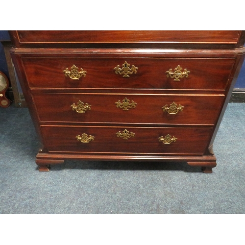 1165 - A 19TH CENTURY MAHOGANY CHEST ON CHEST, the upper section with an arrangement of two short above thr... 